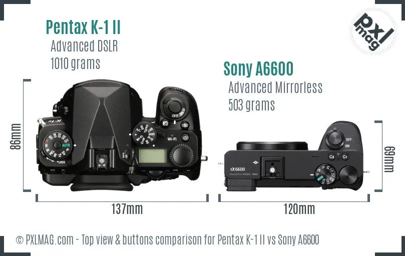 Pentax K-1 II vs Sony A6600 top view buttons comparison