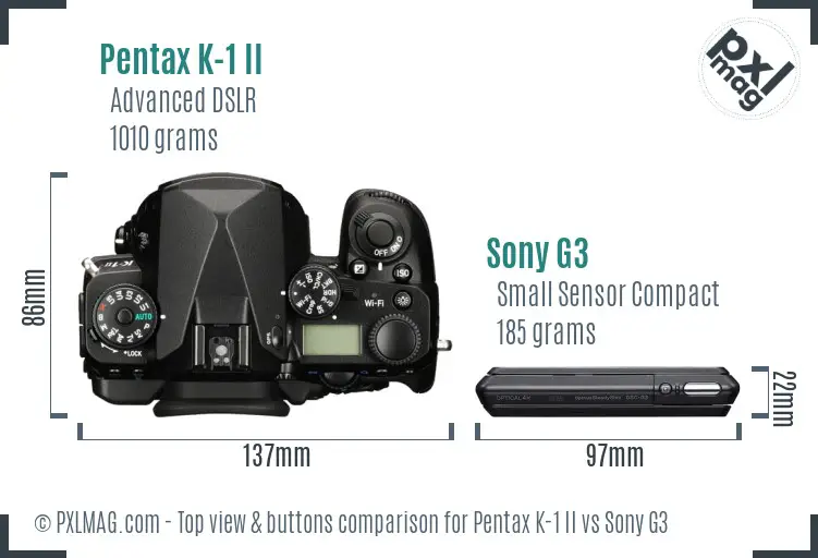 Pentax K-1 II vs Sony G3 top view buttons comparison