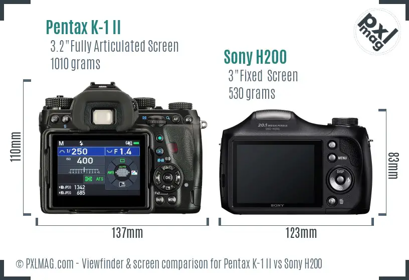 Pentax K-1 II vs Sony H200 Screen and Viewfinder comparison