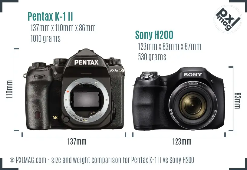 Pentax K-1 II vs Sony H200 size comparison