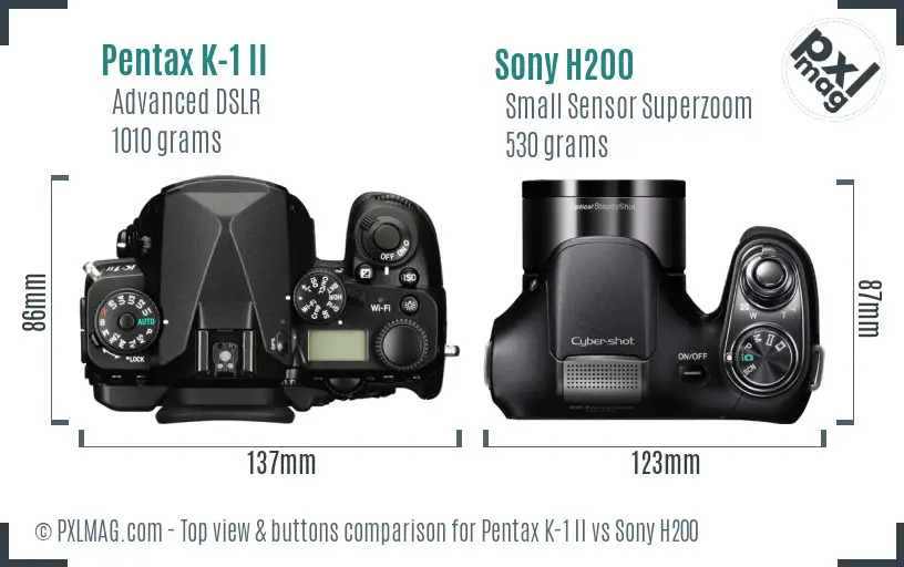 Pentax K-1 II vs Sony H200 top view buttons comparison