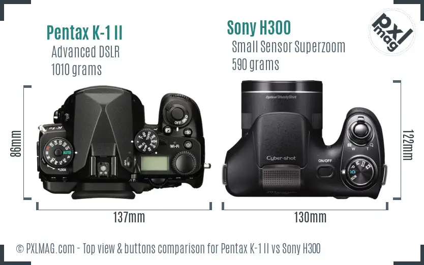 Pentax K-1 II vs Sony H300 top view buttons comparison