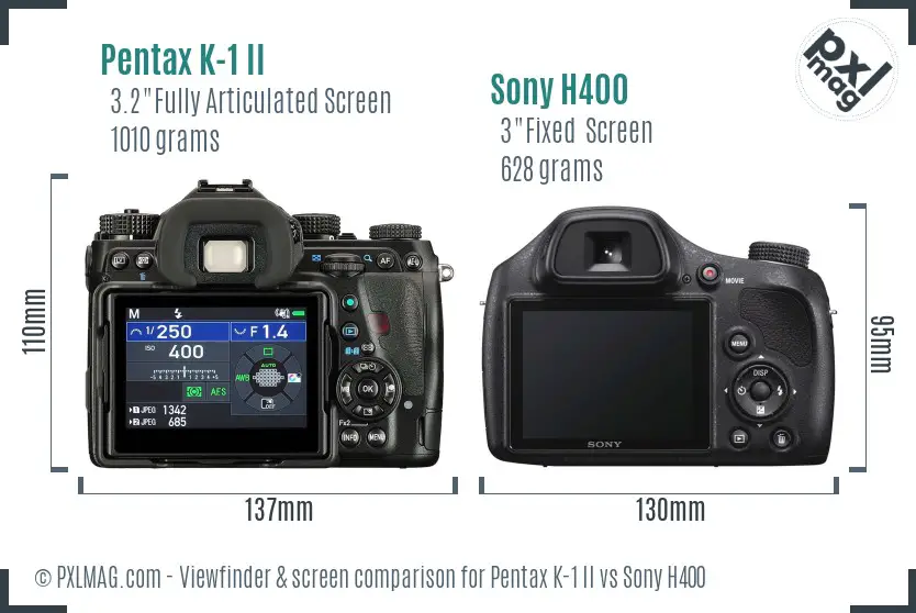 Pentax K-1 II vs Sony H400 Screen and Viewfinder comparison