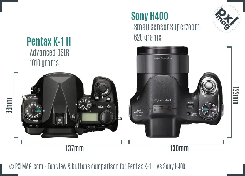 Pentax K-1 II vs Sony H400 top view buttons comparison