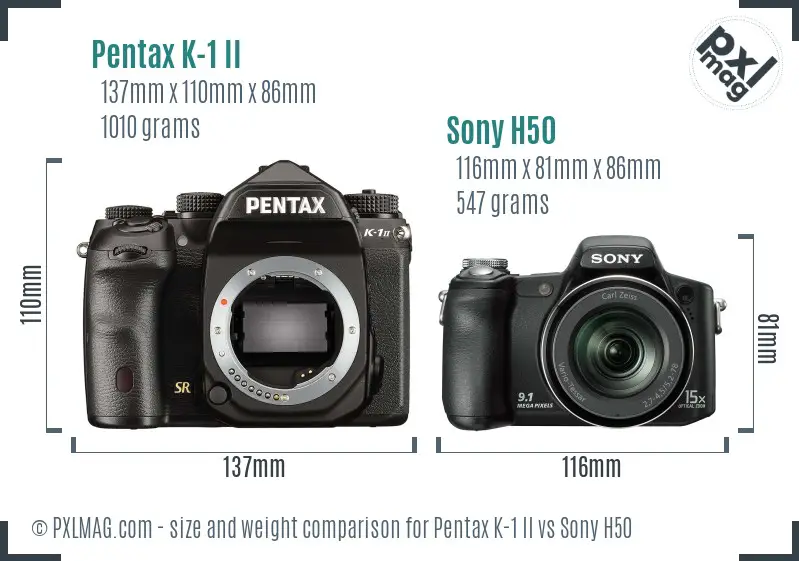 Pentax K-1 II vs Sony H50 size comparison