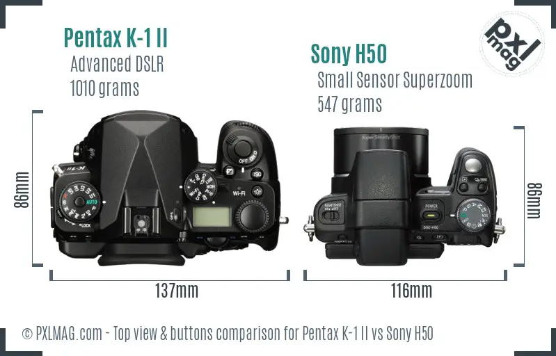 Pentax K-1 II vs Sony H50 top view buttons comparison