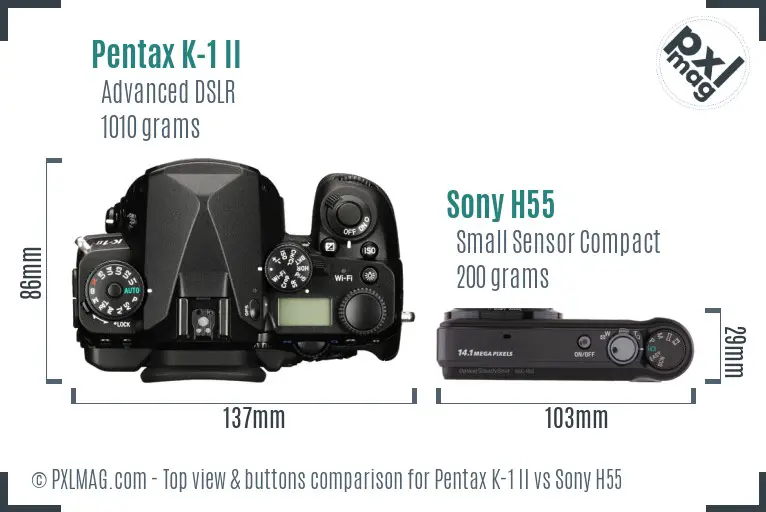 Pentax K-1 II vs Sony H55 top view buttons comparison Pentax K-1 II vs Sony H55 top view buttons comparison