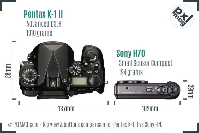 Pentax K-1 II vs Sony H70 top view buttons comparison