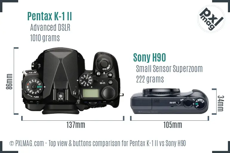 Pentax K-1 II vs Sony H90 top view buttons comparison