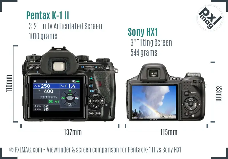Pentax K-1 II vs Sony HX1 Screen and Viewfinder comparison