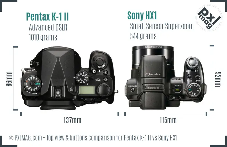 Pentax K-1 II vs Sony HX1 top view buttons comparison