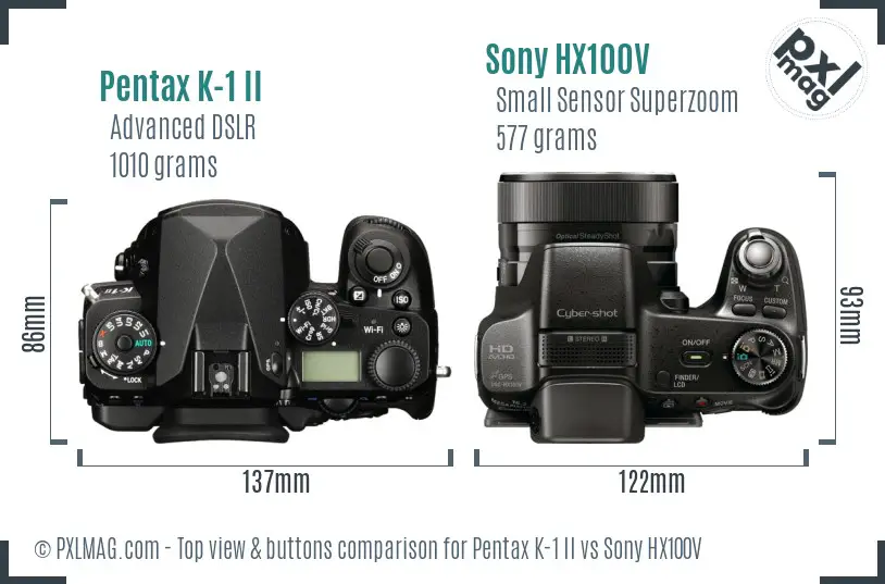 Pentax K-1 II vs Sony HX100V top view buttons comparison