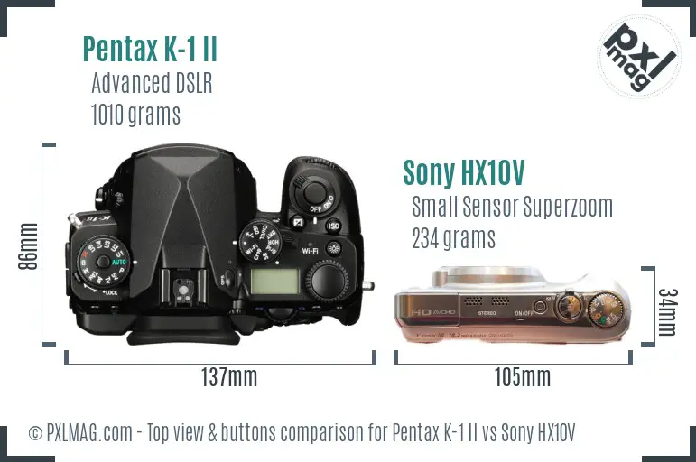 Pentax K-1 II vs Sony HX10V top view buttons comparison
