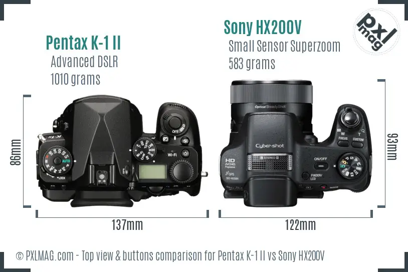 Pentax K-1 II vs Sony HX200V top view buttons comparison