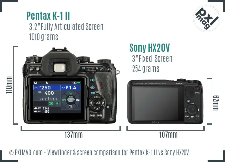 Pentax K-1 II vs Sony HX20V Screen and Viewfinder comparison