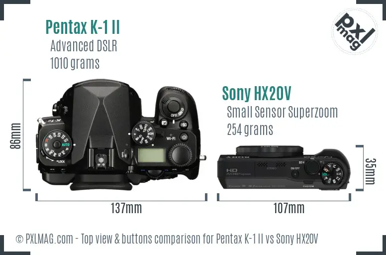 Pentax K-1 II vs Sony HX20V top view buttons comparison
