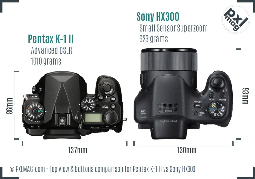 Pentax K-1 II vs Sony HX300 top view buttons comparison