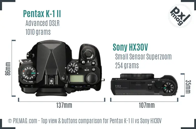 Pentax K-1 II vs Sony HX30V top view buttons comparison