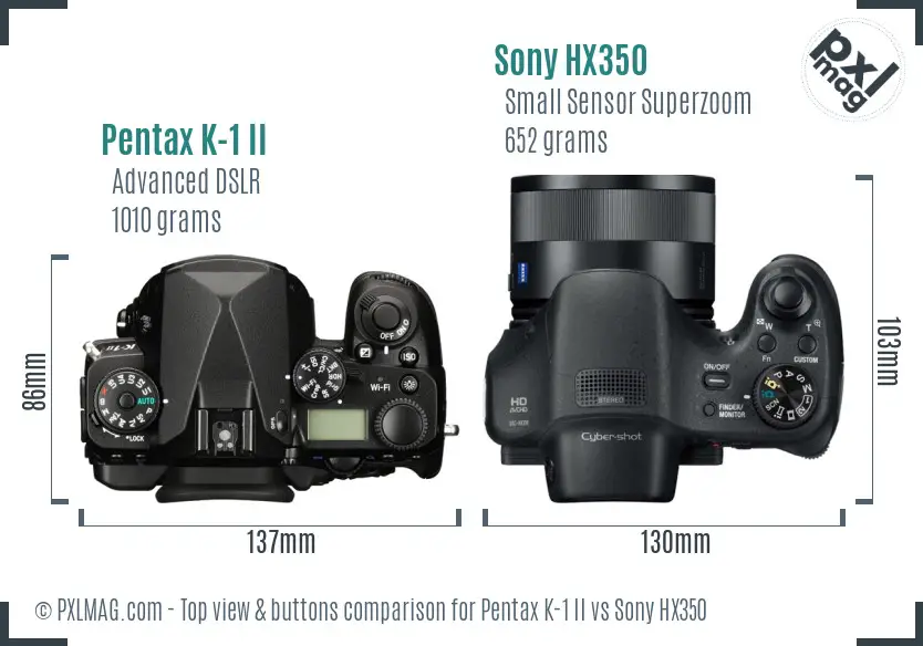 Pentax K-1 II vs Sony HX350 top view buttons comparison