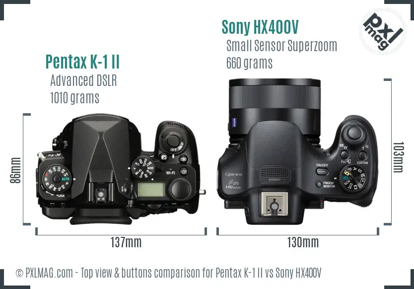 Pentax K-1 II vs Sony HX400V top view buttons comparison