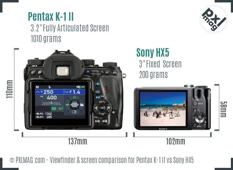 Pentax K-1 II vs Sony HX5 Screen and Viewfinder comparison
