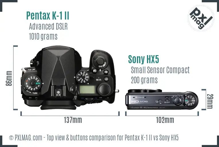 Pentax K-1 II vs Sony HX5 top view buttons comparison