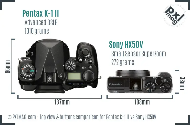 Pentax K-1 II vs Sony HX50V top view buttons comparison