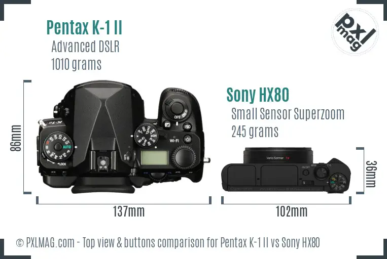 Pentax K-1 II vs Sony HX80 top view buttons comparison