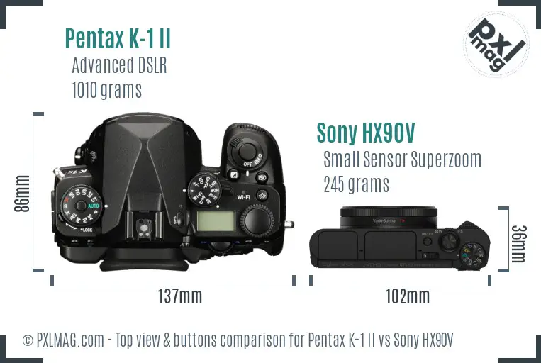 Pentax K-1 II vs Sony HX90V top view buttons comparison