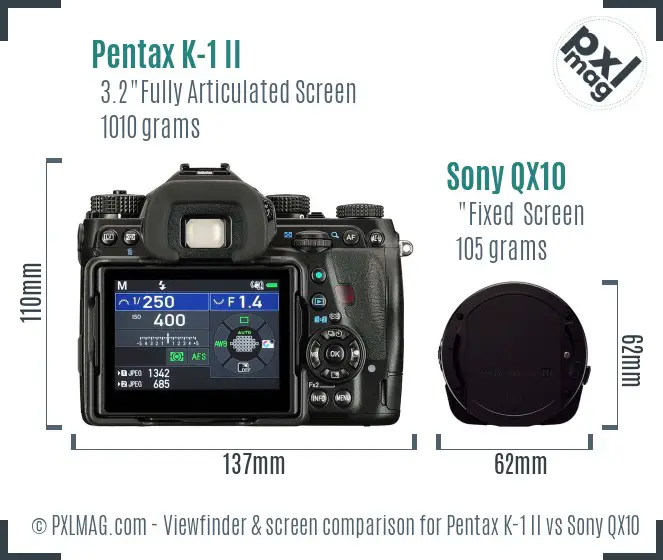 Pentax K-1 II vs Sony QX10 Screen and Viewfinder comparison