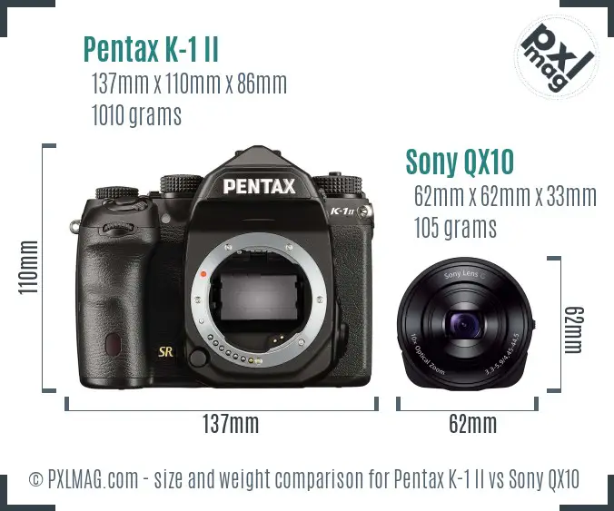 Pentax K-1 II vs Sony QX10 size comparison