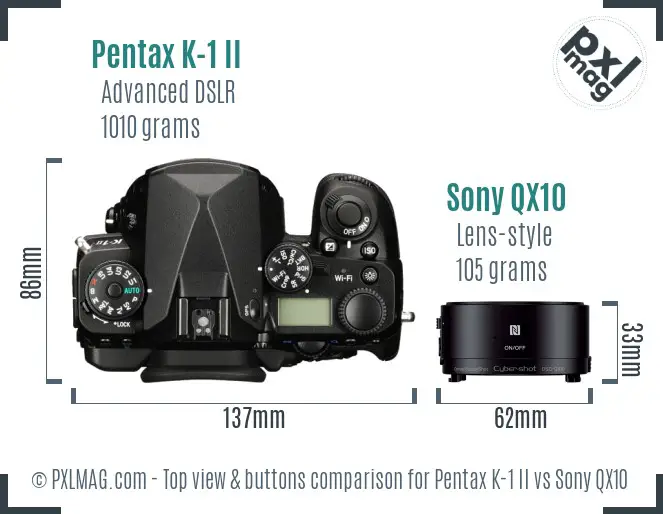 Pentax K-1 II vs Sony QX10 top view buttons comparison