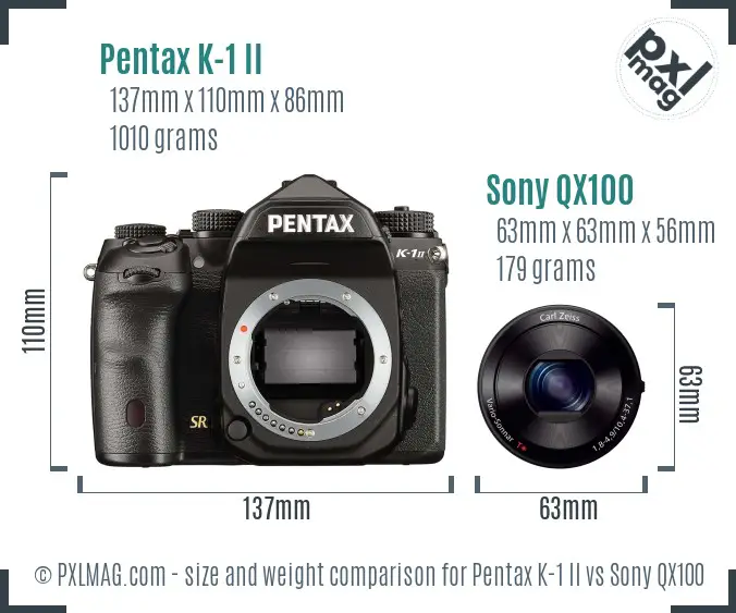 Pentax K-1 II vs Sony QX100 size comparison