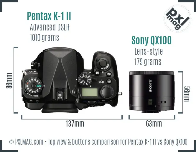 Pentax K-1 II vs Sony QX100 top view buttons comparison