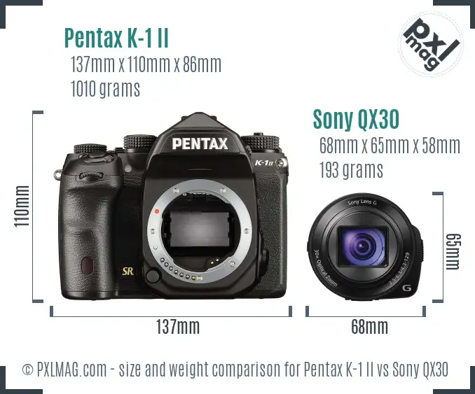 Pentax K-1 II vs Sony QX30 size comparison