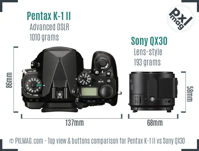 Pentax K-1 II vs Sony QX30 top view buttons comparison