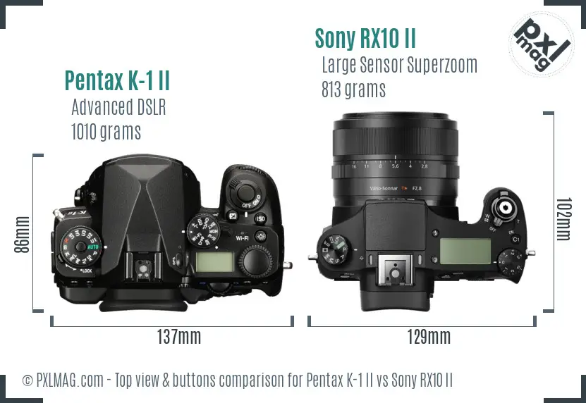 Pentax K-1 II vs Sony RX10 II top view buttons comparison Pentax K-1 II vs Sony RX10 II top view buttons comparison