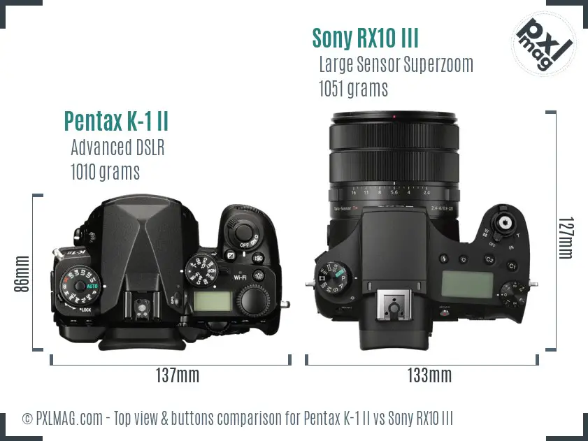 Pentax K-1 II vs Sony RX10 III top view buttons comparison Pentax K-1 II vs Sony RX10 III top view buttons comparison