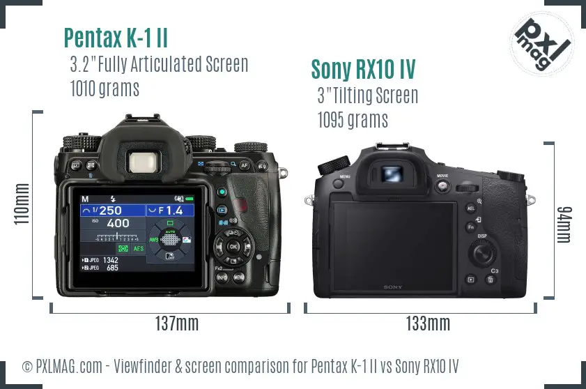 Pentax K-1 II vs Sony RX10 IV Screen and Viewfinder comparison