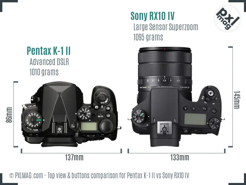Pentax K-1 II vs Sony RX10 IV top view buttons comparison