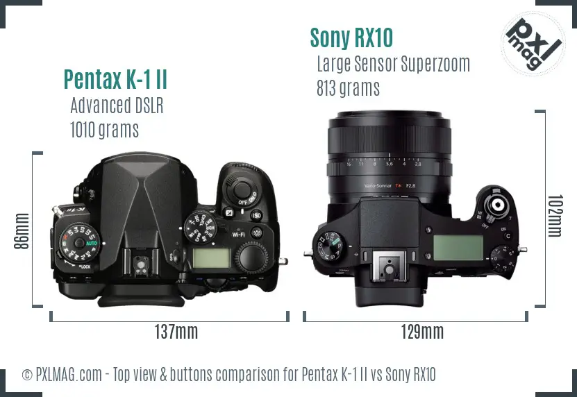 Pentax K-1 II vs Sony RX10 top view buttons comparison