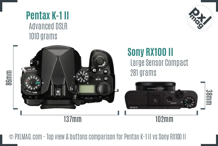Pentax K-1 II vs Sony RX100 II top view buttons comparison