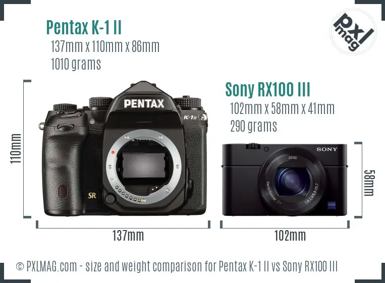 Pentax K-1 II vs Sony RX100 III size comparison