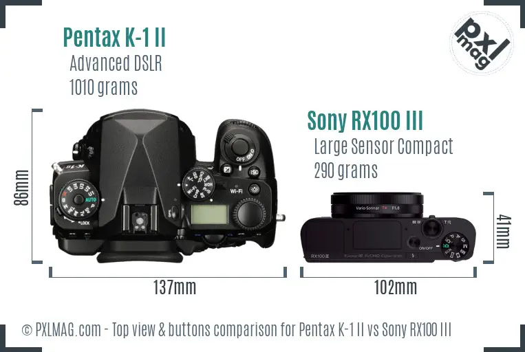 Pentax K-1 II vs Sony RX100 III top view buttons comparison