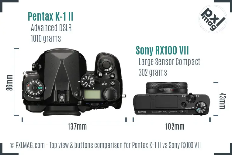 Pentax K-1 II vs Sony RX100 VII top view buttons comparison