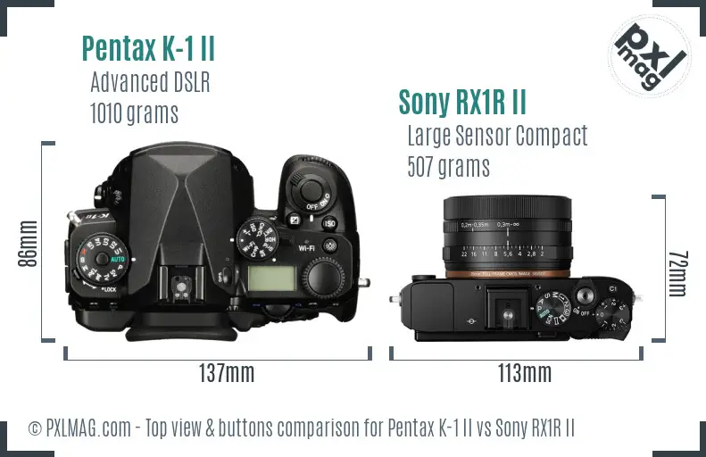 Pentax K-1 II vs Sony RX1R II top view buttons comparison