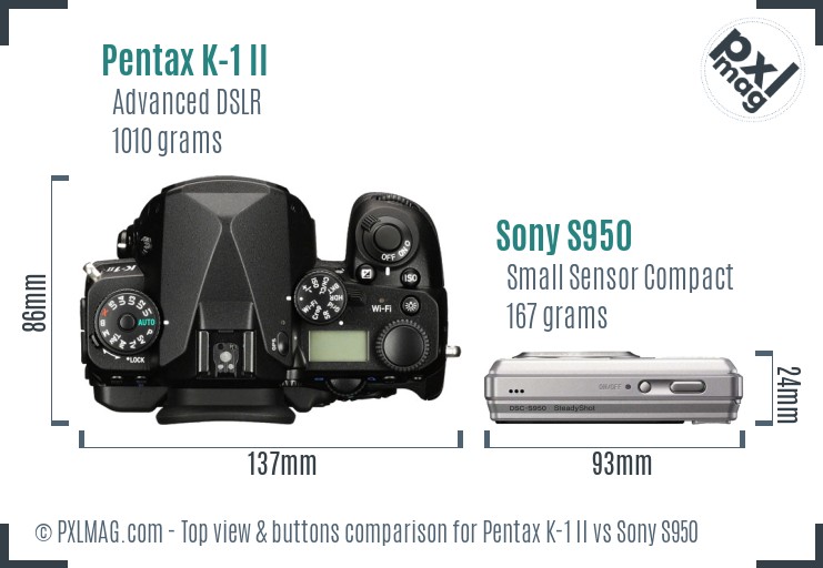 Pentax K-1 II vs Sony S950 top view buttons comparison