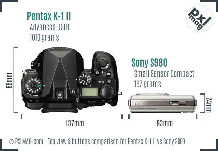 Pentax K-1 II vs Sony S980 top view buttons comparison