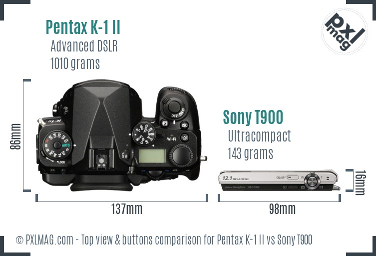 Pentax K-1 II vs Sony T900 top view buttons comparison
