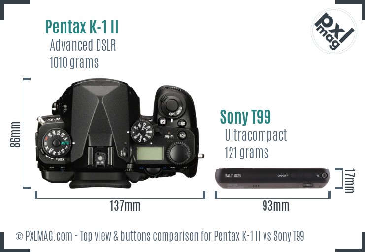 Pentax K-1 II vs Sony T99 top view buttons comparison